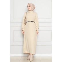 Balıkçı Yaka Kemerli Elbise-bej-4555 Bej