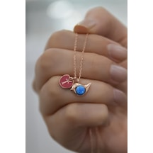 925 Ayar Gümüş Rose Kaplama Mineli T Harfli Opal Kuş Kolye