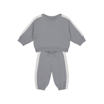 Antebies Organik Gri Beyaz Beli Lastikli Bağcıklı Manşetli Erkek Bebek Sweatshirt Eşofman Takımı