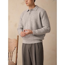 Erkek Sonbahar/kış Yakalı Örgü Kazak Gri