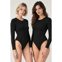 Loule Kadın 2'li Uzun Kollu Bisiklet Yaka Pamuklu Kancalı Body Siyah