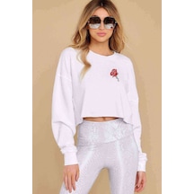 Silhouette Lotus Flower Baskılı Crop Kadın Beyaz Sweatshirt