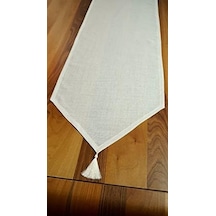 Simli Keten Runner Püsküllü, Kırık Beyaz, 45x150cm Açık Bej