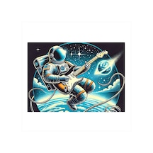 Uzayda Gitar Çalan Astronot Desenli Ahşap Tablo