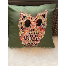 Baykuş Pul Payetli Kırlent Yastık Kılıfı 40x40 Yeşil