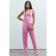 Brûleur Şeker Pembesi Degaje Yaka Askılı Uzun Saten Pijama Takımı Pembe