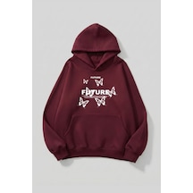 Uyguntarz Unisex Yumuşak Dokulu Future Butterfly Baskılı Tasarım Oversize 3 İplik Hoodie Sweatshirt Bordo