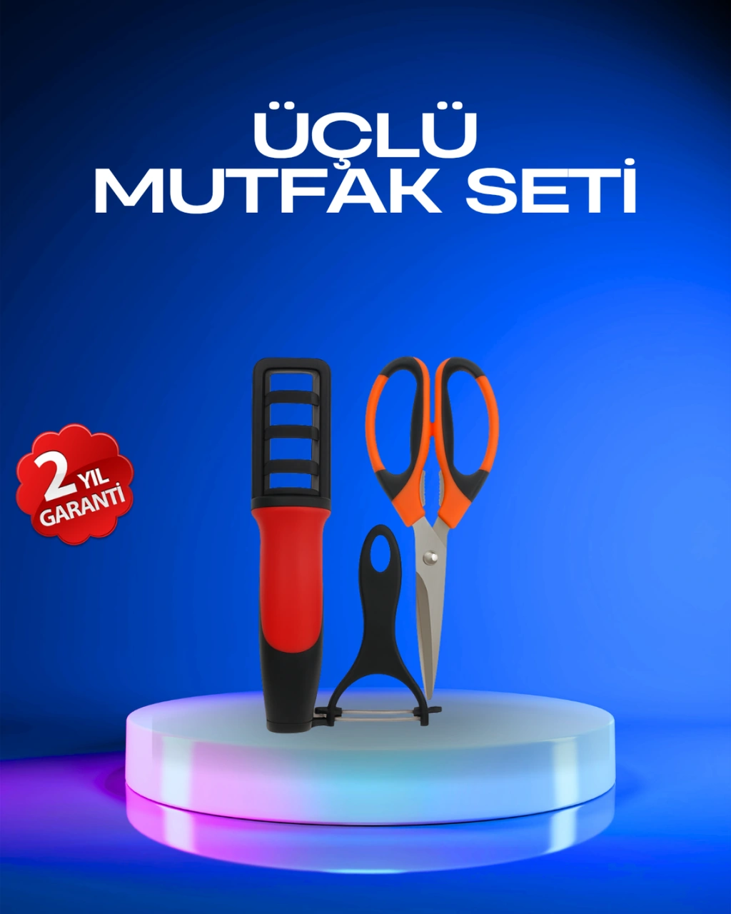 Profesyonel Mutfak Makas Seti Kesim Makası + Soyacak + Bileyici Çok Renkli