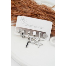 Kadın Kararmaz 6'Lı Kuzey Yıldızı ve Kalp Detaylı Çelik Set Küpe Gümüş-M