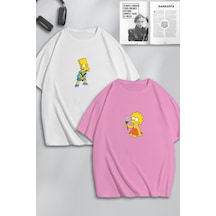 Unisex Kadın Erkek The Simpsons Baskılı Sevgili Çift Kombini Tasarım Oversize Tshirt 2li Pembebeyaz Mck0451 Çok Renkli