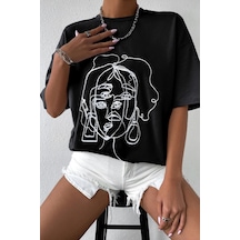 Flood Of Style Unisex Woman One Line Baskılı Tshirt Siyah