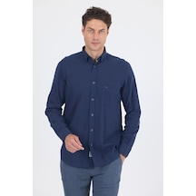 İmza Lacivert Uzun Kol Düz Armür Oval Yaka Casual Comfort Fit Gömlek 1004250249 Lacivert