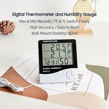 Pazly Dijital İç/dış Termometre Ve Higrometre, Büyük Ekranlı Saatli Nem Ölçer, Duvar Ve Masa Montajlı