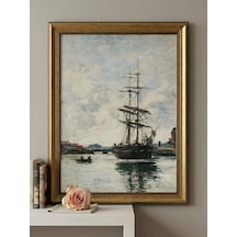 Gold Vintage 60x80 Çerçeveli Tablo - Klasik Marin Yelkenli Gemi Yağlı Boya Görünümlü 50x70cm Dokulu Baskı Deniz Temalı Lüks Duvar Sanatı