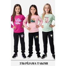 Fyk Kids 3'lü Kız Çocuk Baskılı Bel Detayı Lastikli Alt-üst Pijama Takımı Çok Renkli