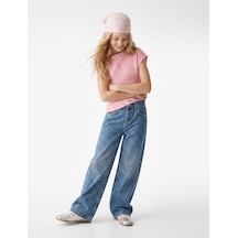Koton Parıltılı Taş Detaylı Pamuklu Geniş Paça Denim Pantolon Orta İndigo 7wkg40011ad