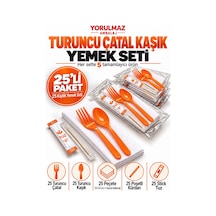 Lüks Turuncu Çatal Kaşık Yemek Seti 25 Kişilik 33 33 Cm Garson Katlamalı Peçete, Poşetli Kürdan Ve Stick Tuz