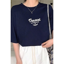 Thousand Süprem T-shirt - Lacivert Baskılı Oversize Bisiklet Yaka Kısa Kol Tişört Lacivert