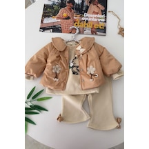 Minigimin Cicileri Çiçek Aplikeli Montlu Tavşan Baskılı Kız Bebek 3 Lü Takım - Camel