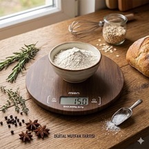 Doğal Akasya Ahşap Dijital Mutfak Terazisi, 5 Kg Kapasiteli Hassas Yemek Ve Kahve Tartısı, Minimalist Tasarım Yuvarlak Açık Bej