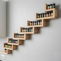 Plus Aksesuar Dekoratif Duvar Rafı - 8 Katlı Merdiven Tasarım Saksılık Ve Baharatlık - 25x10 Cm Bej