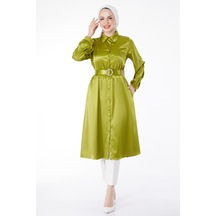 Düz Gömlek Yaka Kadın Yeşil Parlak Kemerli Elbise - 24960 001