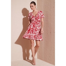 Lela Desenli Kruvaze Yaka Regular Fit Bayan Elbise 5865723 Bordo