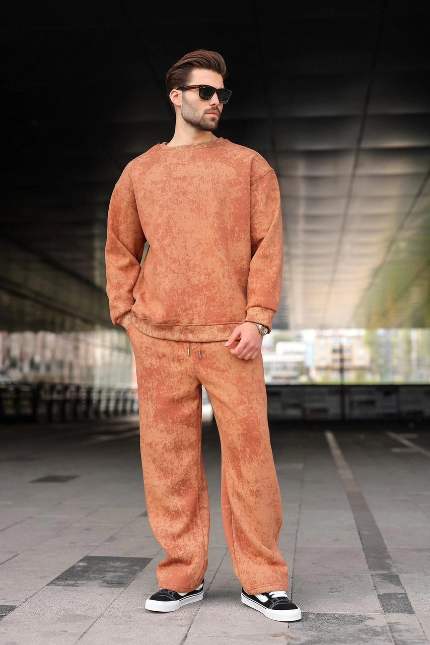 Madmext Kahverengi Bisiklet Yaka Batik Desenli Erkek Sweatshirt Pantolon Takım E7344 Kahverengi