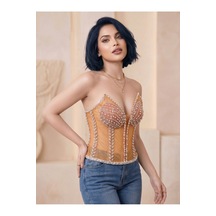 Orvelia Kadın İnci İşlemeli Transparan Couture Korset Büstiyer Turuncu