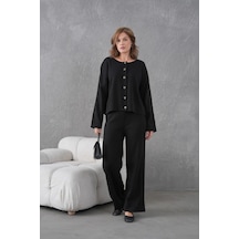 Kadın Bisiklet Yaka Düğme Kapama Kaşkorse Ceket Pantolon İkili Triko Takım Siyah Kadın Bisiklet Yaka Düğme Kapama Kaşkorse Ceket Pantolon İkili Triko Takım Siyah