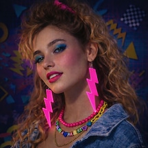 80 Ler 90&amp 39 Lar Retro Neon Pembe Şimşek Küpe 10 Cm - Aıaı-874150 Çok Renkli