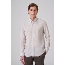 Morven Erkek Kahve Keten Trend Çizgili Dynamic Fit Düğmeli Yaka Gömlek 26ys004004400 Kahve
