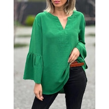 Kadınların Yeni Düz Renk V Yaka Gündelik Uzun Kollu Gömlek Yeşil
