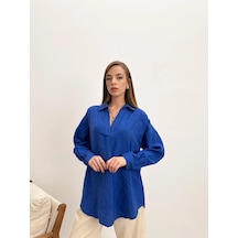 Uzun Kollu V Yaka Oversize Geniş Kalıp Saks Gömlek