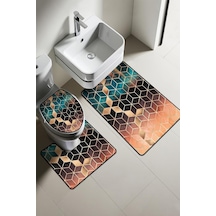 Modern Desenli Dijital Baskı 3 Lü Banyo Paspas Takımı Yıkanabilir Kaymaz Tabanlı Klozet Takımı Klz0014 Renkli