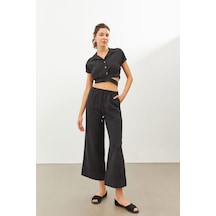 Stella Pulvis Siyah Keten Beli Lastikli Yüksek Bel Pantolon Siyah