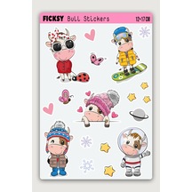 Sevimli Boğa Sticker Seti - 18 Adet Etiket Çıkartma Diğer