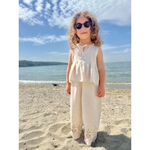 Cigit Paçaları Nakışlı Keten Takım 2-7 Yaş Naturel Beyaz