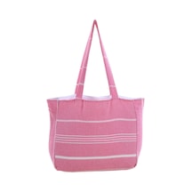 Bags Kumaş Çizgili Kol Çantası %100 Pamuklu Plaj Çantası Pembe