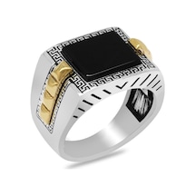 Kare Tasarım Siyah Oniks Taşlı Greek Desenli 925 Ayar Gümüş Erkek Yüzük