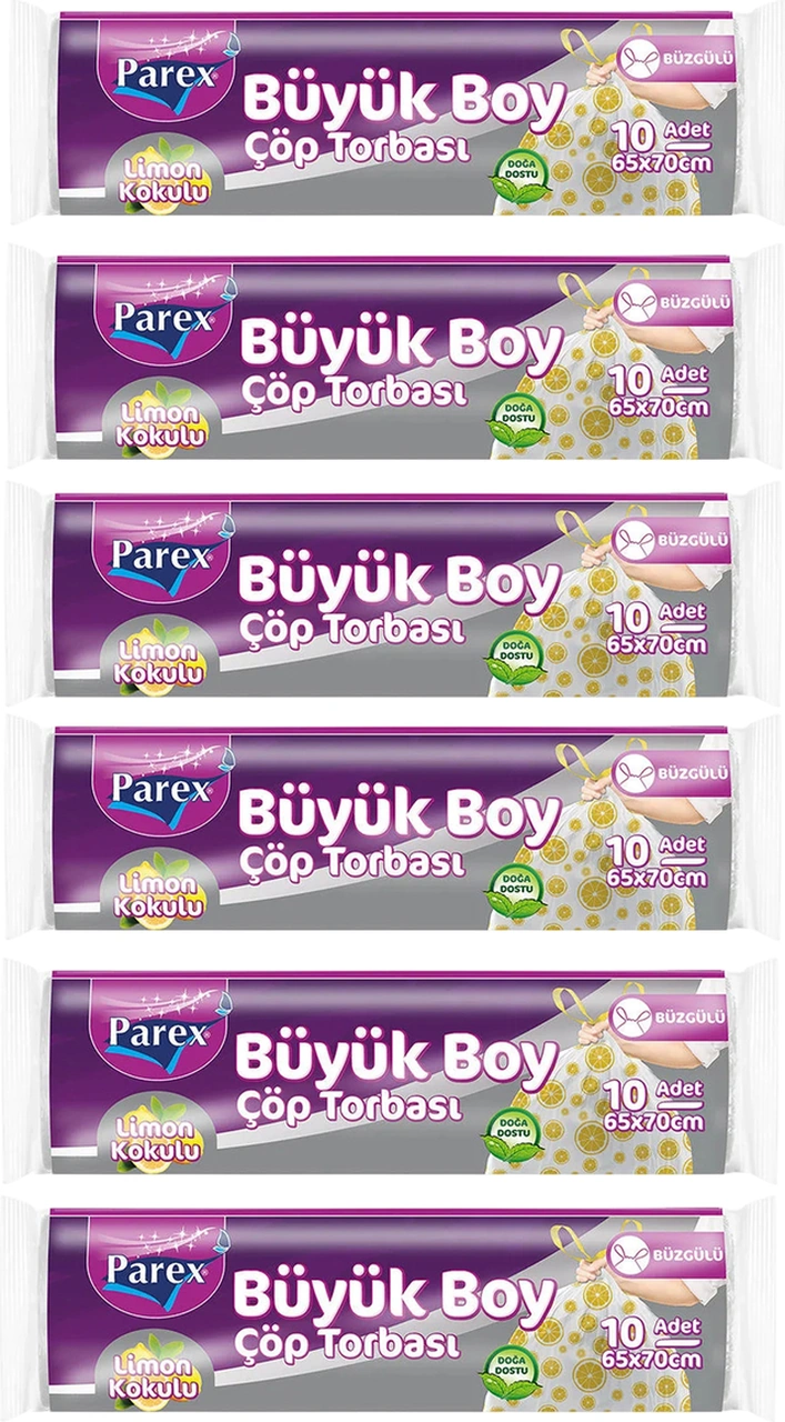 Premium 10'lu Büzgülü Çöp Torbası Limon Kokulu Büyük Boy 65 X 70 Cm Altılı Paket
