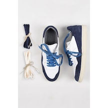 Krahe Artemis Erkek Hakiki Deri Eskitme El Boyamalı Bağcık Ve Iki Yedek Bağcıklı Beyaz-Mavi Sneakers 001