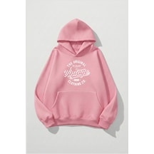 Uyguntarz Unisex Yumuşak Dokulu Vintage Baskılı Tasarım Oversize 3 İplik Hoodie Sweatshirt Pembe