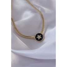 Pirinç Gold Renk Zirkon Taşlı Yıldız Model Siyah Mineli Ezme Zincirli Serenay Kolyesi - Tj-bko8840 Çok renkli