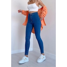Açık Mavi Yüksek Bel Skinny Fit Jean Likralı Önü Cepsiz Tayt Pantolon Açık Mavi
