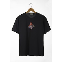 Kadın Siyah Bisiklet Yaka Önü Mantar Şapkalı Kız Baskılı Oversize T-shirt Siyah