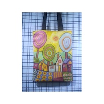 Owl Bag Modern Sanat Rengarenk Evler Desenli Tasarım Kumaş Omuz Çantası Beyaz
