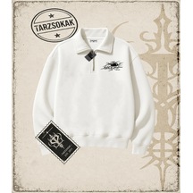 Tarzsokak Gotik & Grunge Streetwear Black Widow Omuzu Açık Spider Yarım Fermuarlı Sweatshirt Beyaz
