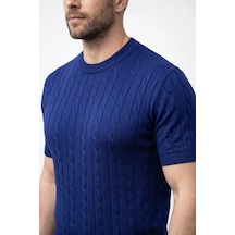 Erkek Yazlık Triko Dokuma Tişört Kısa Kol Bisiklet Yaka Örgü Desenli T-shirt - Lacivert