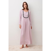 Artış Collection Uzun Kollu Düğmeli Puantiyeli Dantelli Likralı Viskoz Gecelik 20107 Pembe